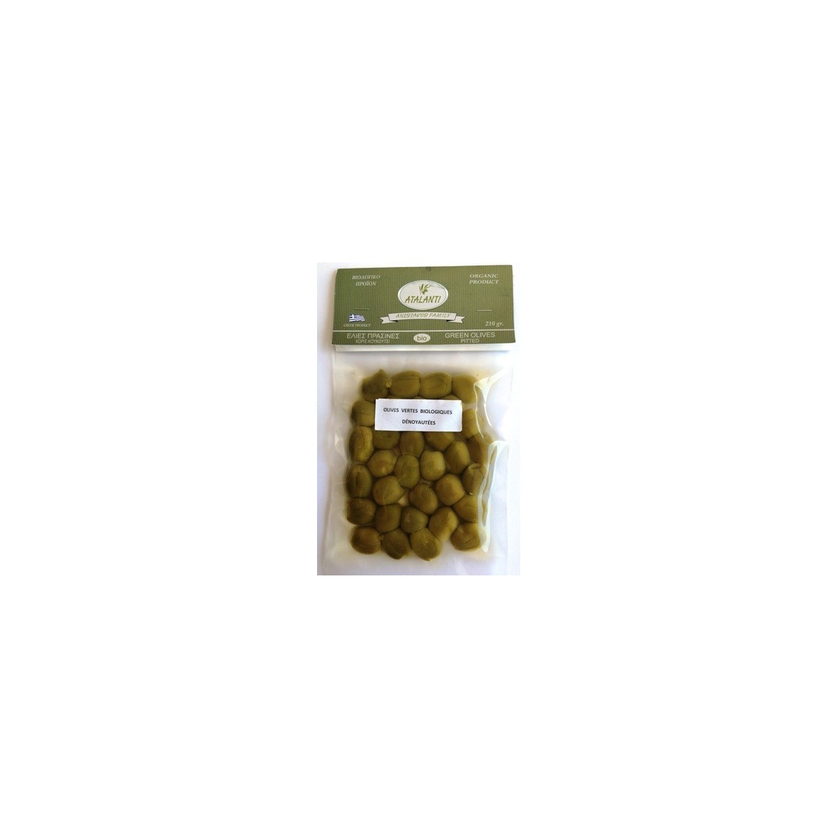 Olives Atalanti Vertes BIO dénoyautées 210g